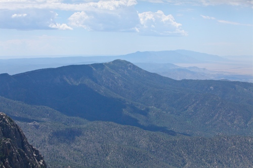 View to the south along the Sandia and Manzano mountain ridges.