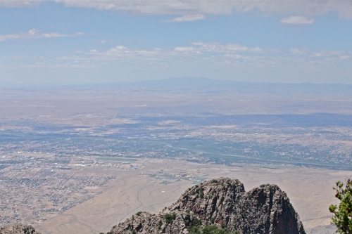 View to the west from Sandia Crest, showing a partial view of Albuquerque, across the Rio Grande to Mount Taylor. 